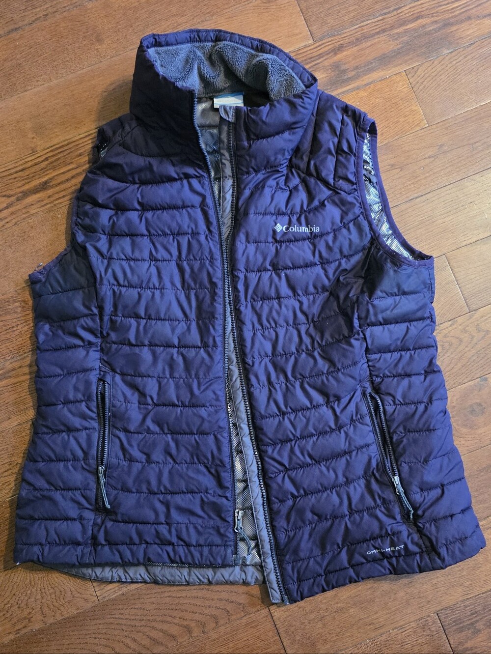 Columbia White Out Omni-Heat Puffer Vest Women’s XL Navy Blue Fleece Collar